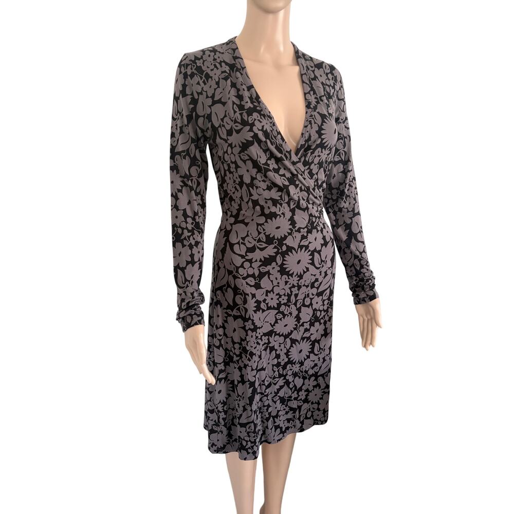 Boden Black Gray Floral Wrap Dress Women’s US 6 Boho Long Sleeve Stretch Casual
